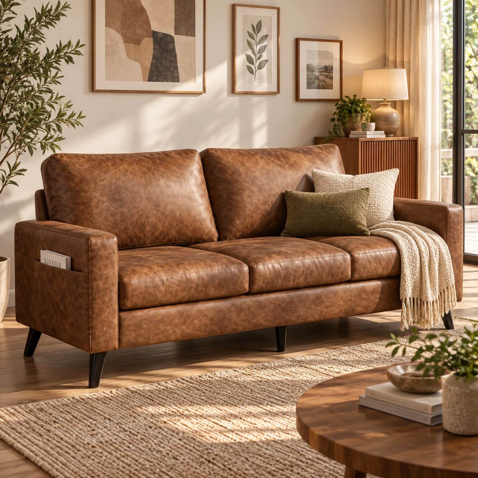 Brown modern three-seater faux leather sofa
