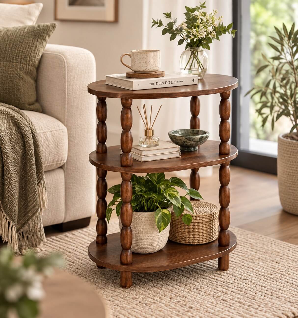 3-tier oval rustic brown side table styled in a warm modern living room