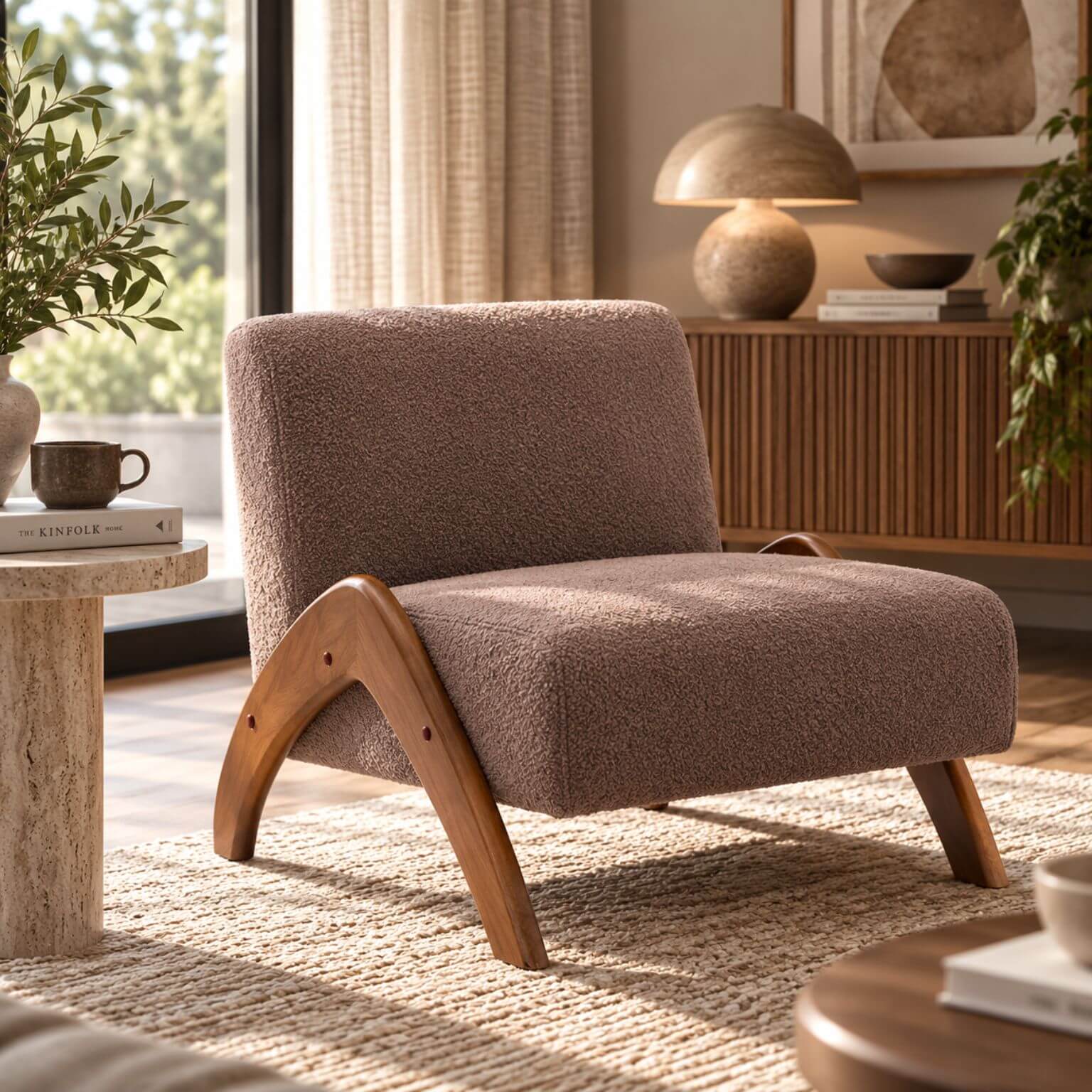 Taupe bouclé lounge chair with sculptural curved wood frame