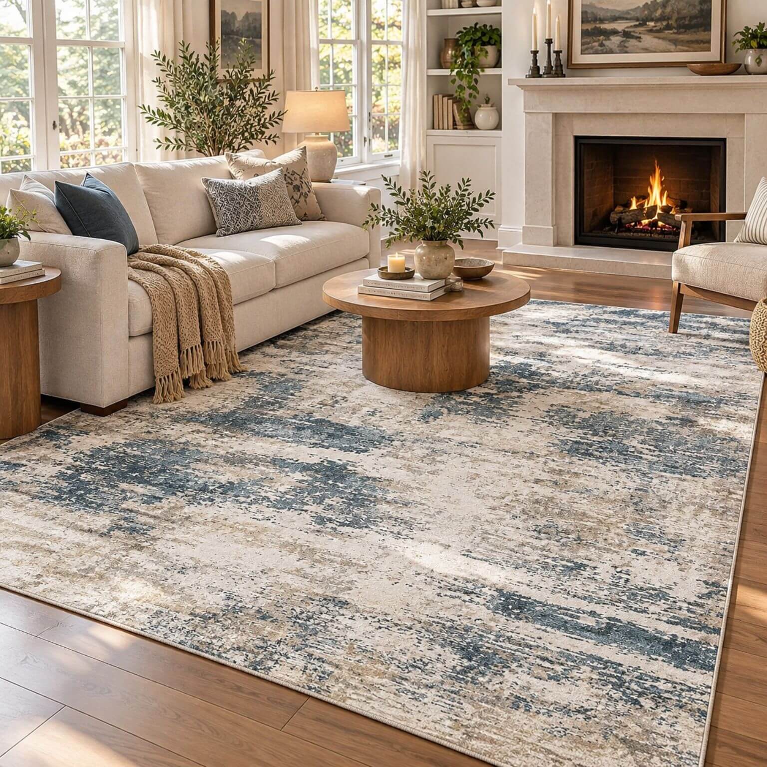 Modern abstract washable area rug 8x10 in blue grey tones for living room