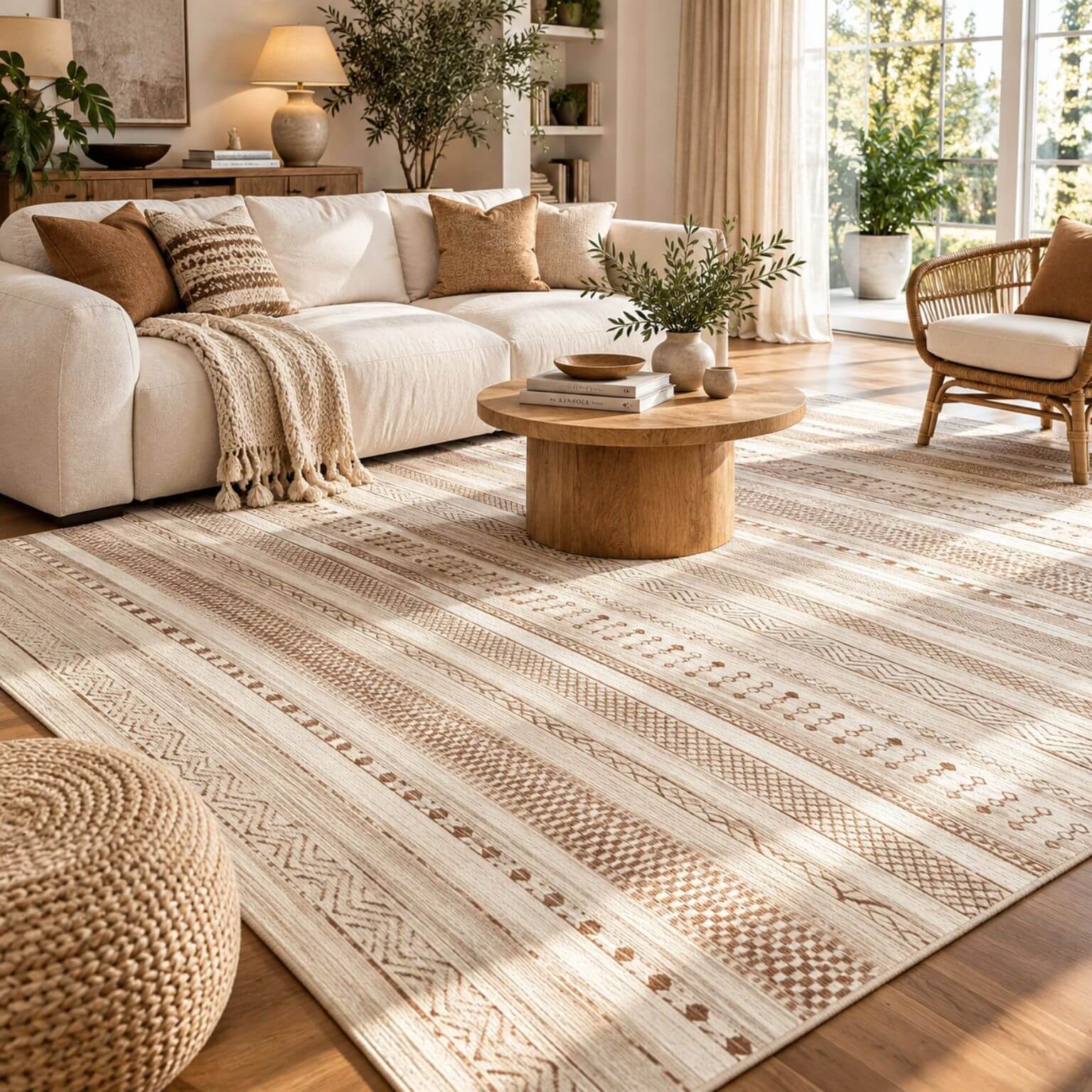 Boho Moroccan washable area rug 8x10 in cream and dark brown for living room