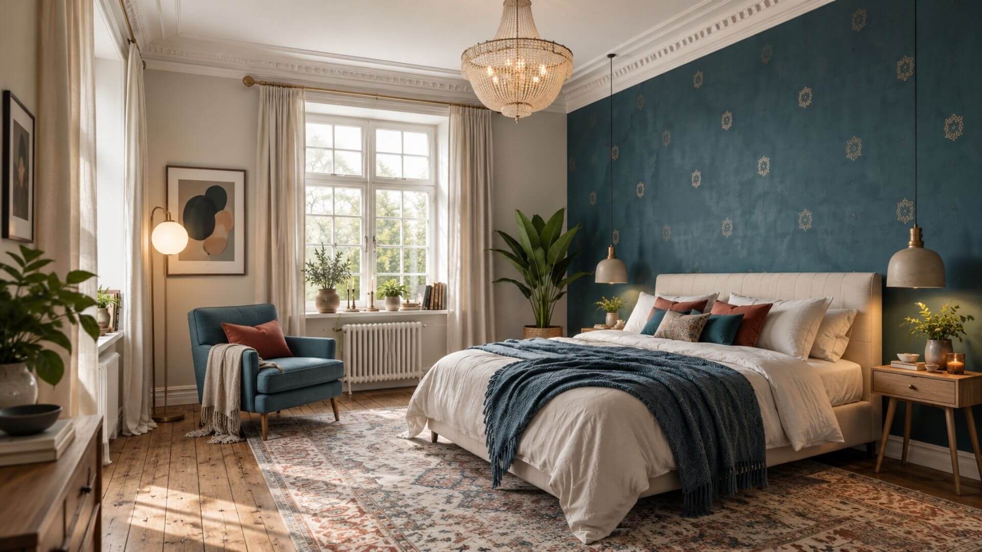 Elegant bedroom with a deep teal accent wall and warm neutral decor