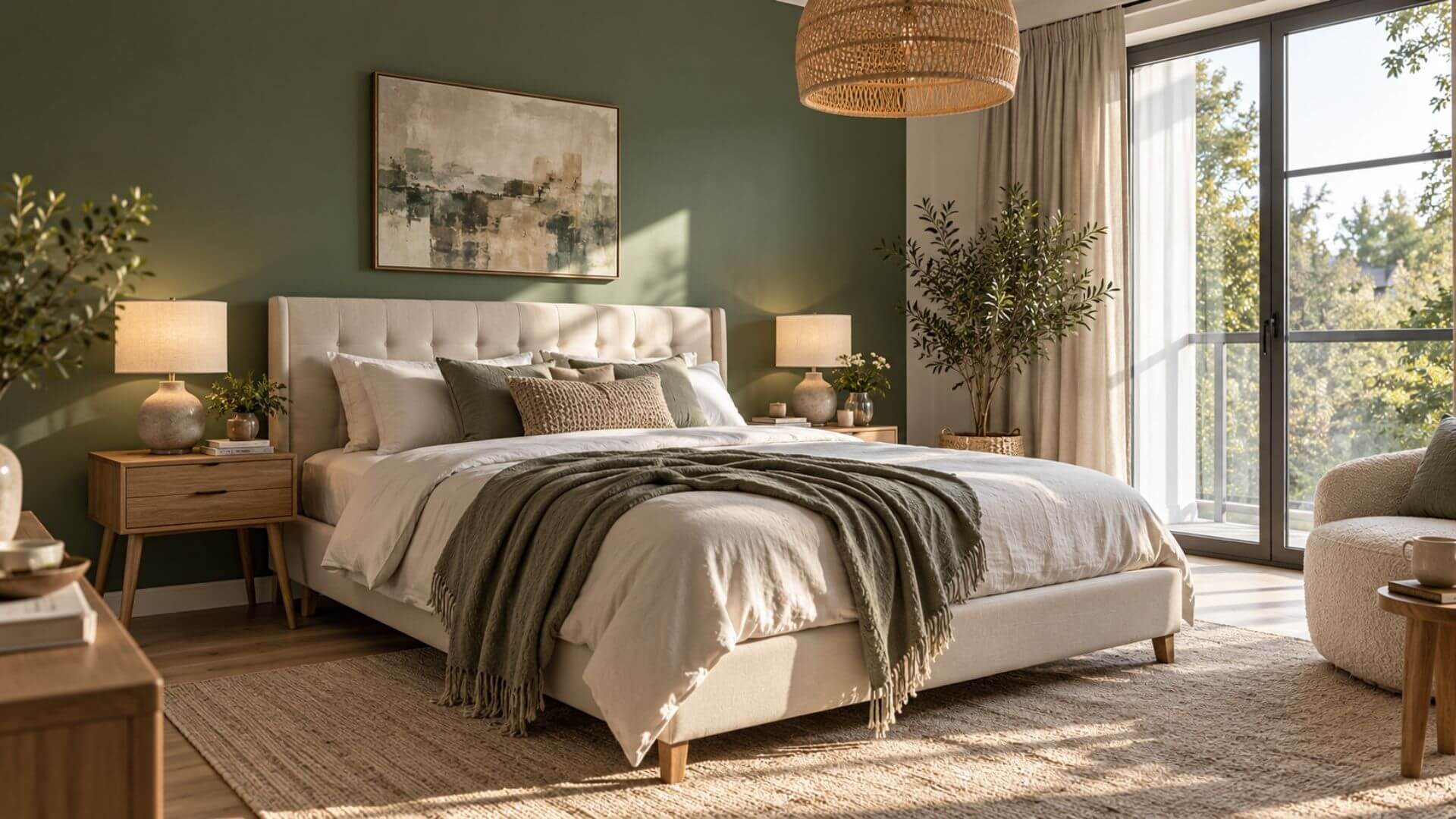 Elegant bedroom with a sage green accent wall and warm neutral decor