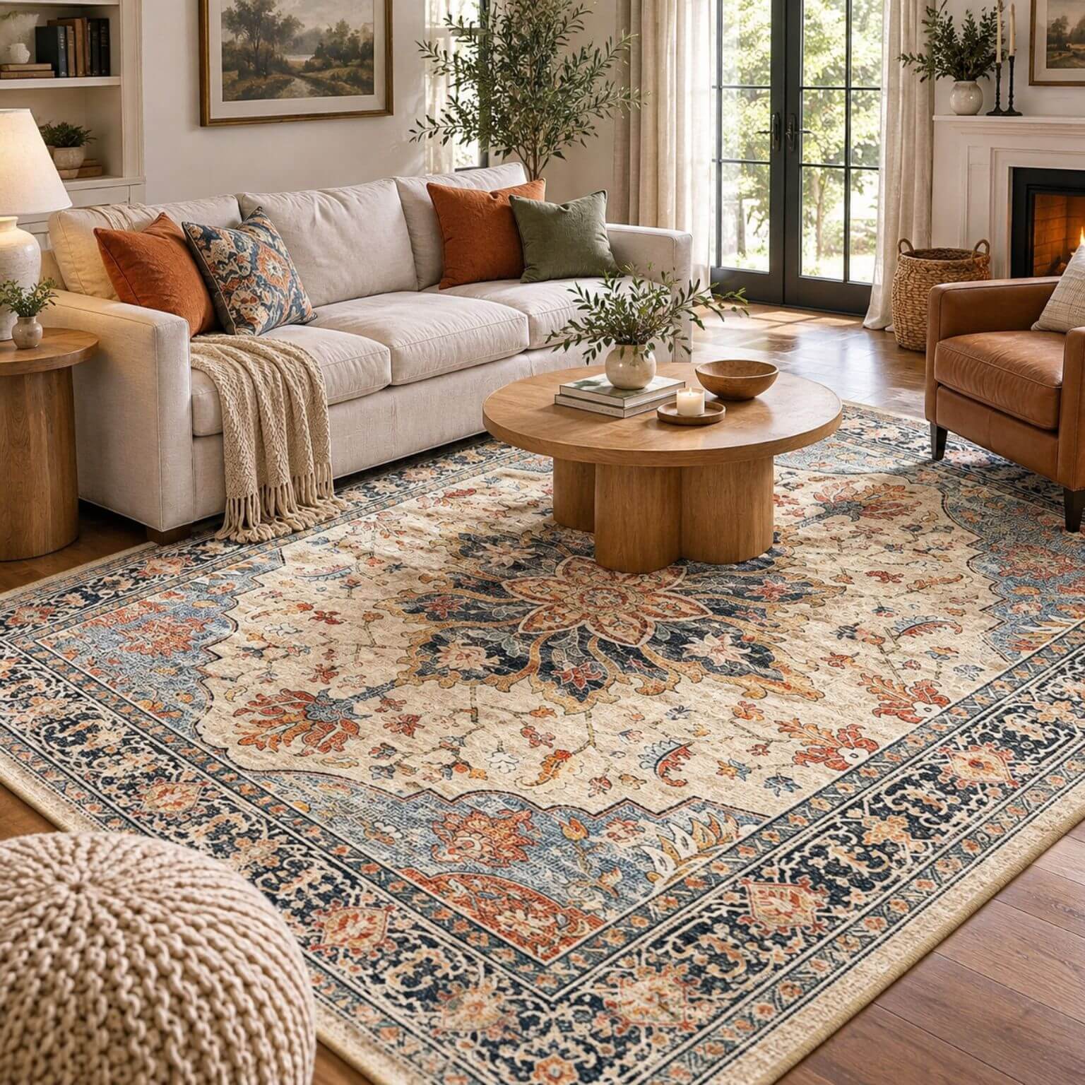 Washable vintage floral area rug 8x10 in neutral tones for living room