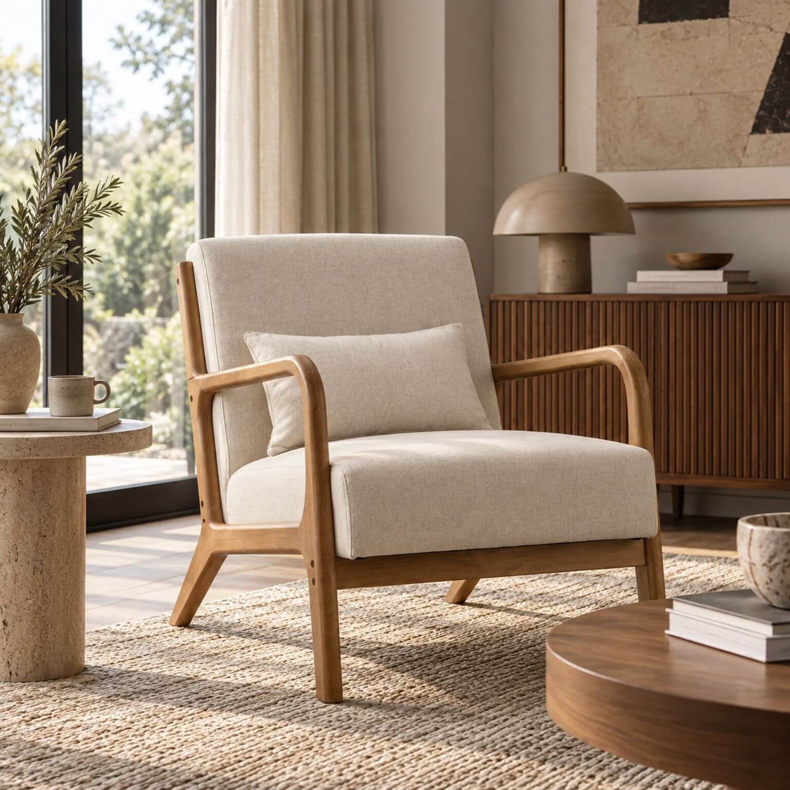 Light beige upholstered accent chair with warm solid wood frame