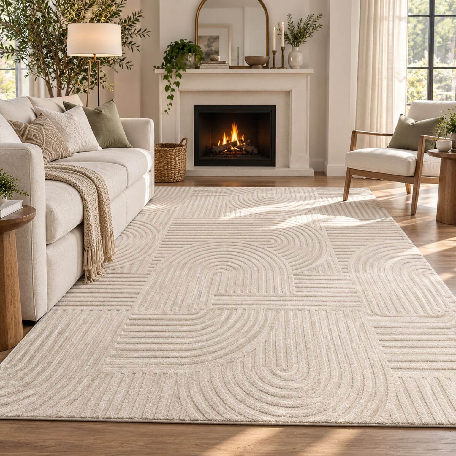 Soft textured beige area rug 8x10 with high low pile pattern for living room