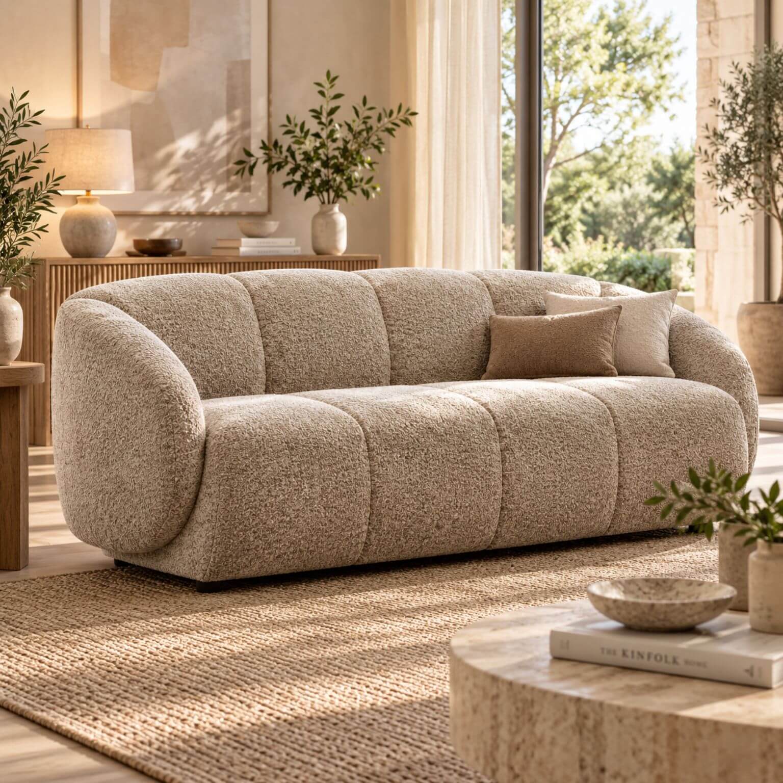 Beige curved three-seater sofa with rounded arms