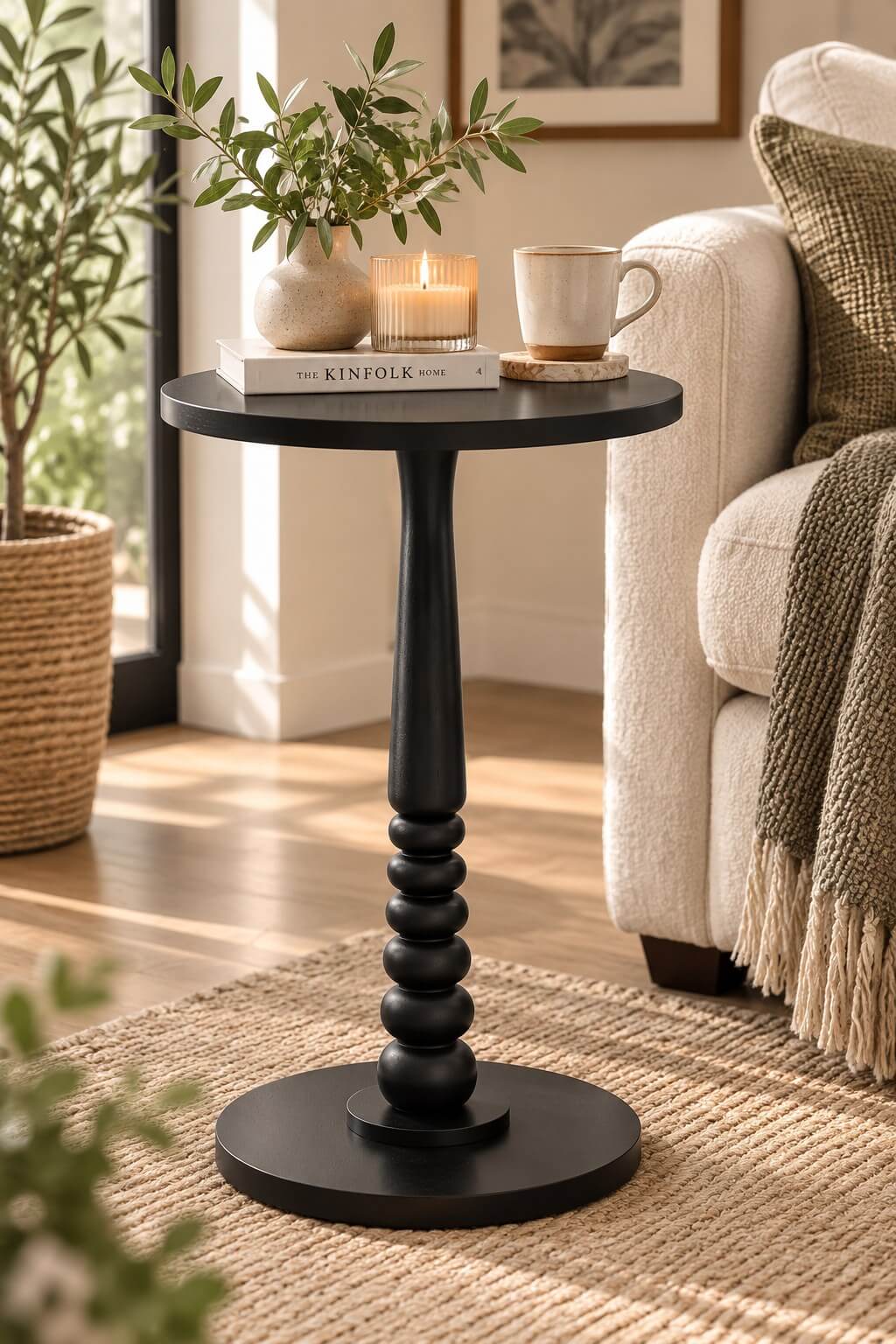 Black sculptural pedestal accent table styled in a warm modern living room