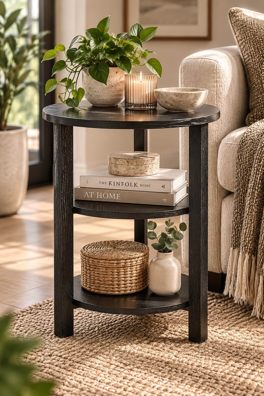 Black 3-tier round accent table styled in a warm modern living room