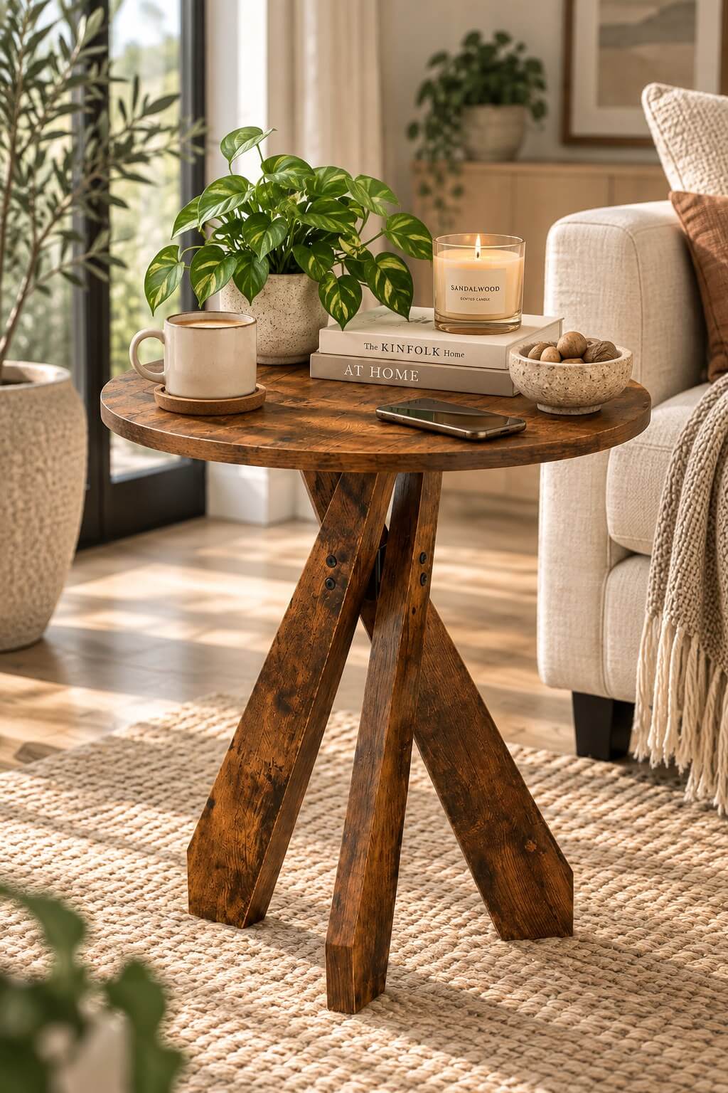 Rustic round wood accent table styled in a warm Japandi living room