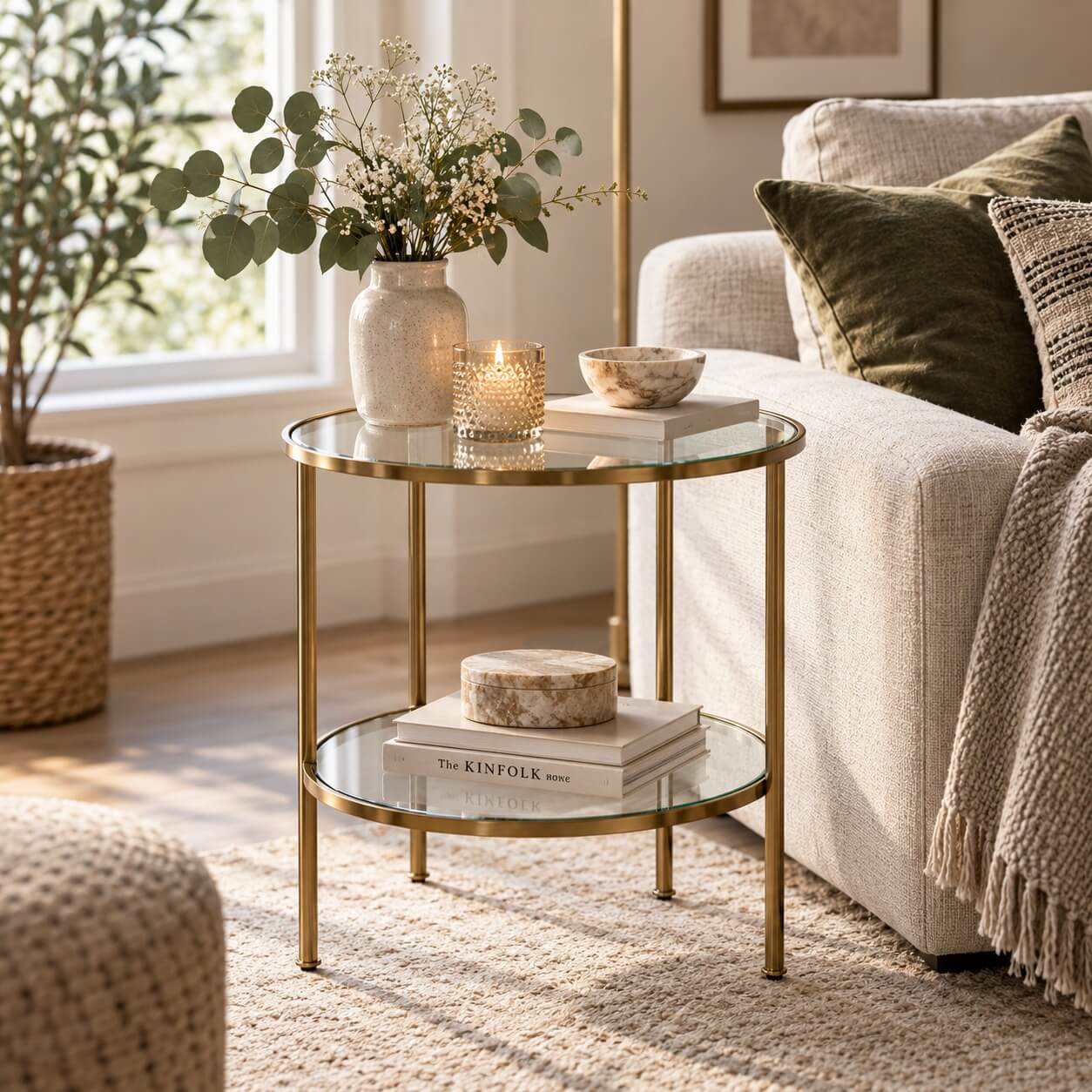 Two-tier round glass accent table with a brass frame styled in a warm modern living room