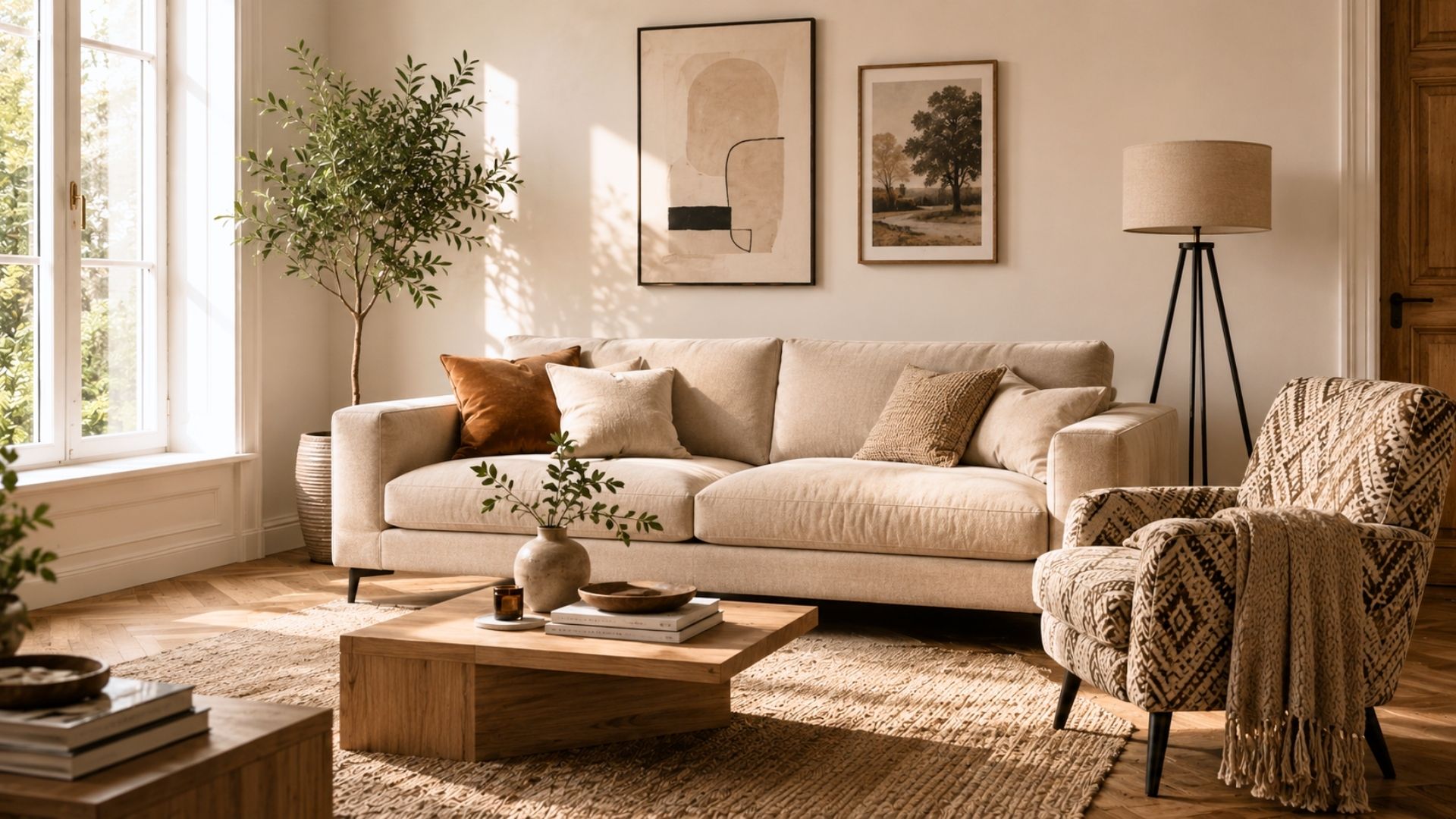 Warm and cozy living room with natural wood, soft neutral textiles and layered lighting